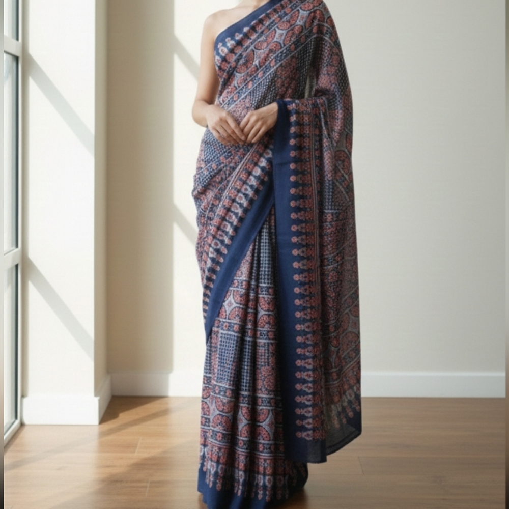 NWOT New Women Ajrakh Block Pure Silk Saree With Bp Party Designer Festive